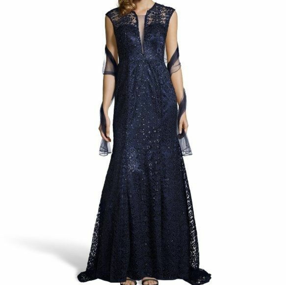 Hayden Navy Sequined Lace Illusion Gown sz 8